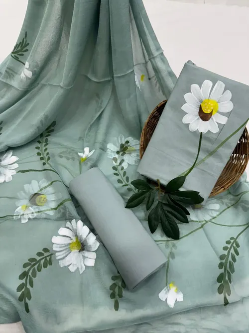 Elegant Hand-Painted Cotton Suit Set with Lightweight Chiffon Dupatta